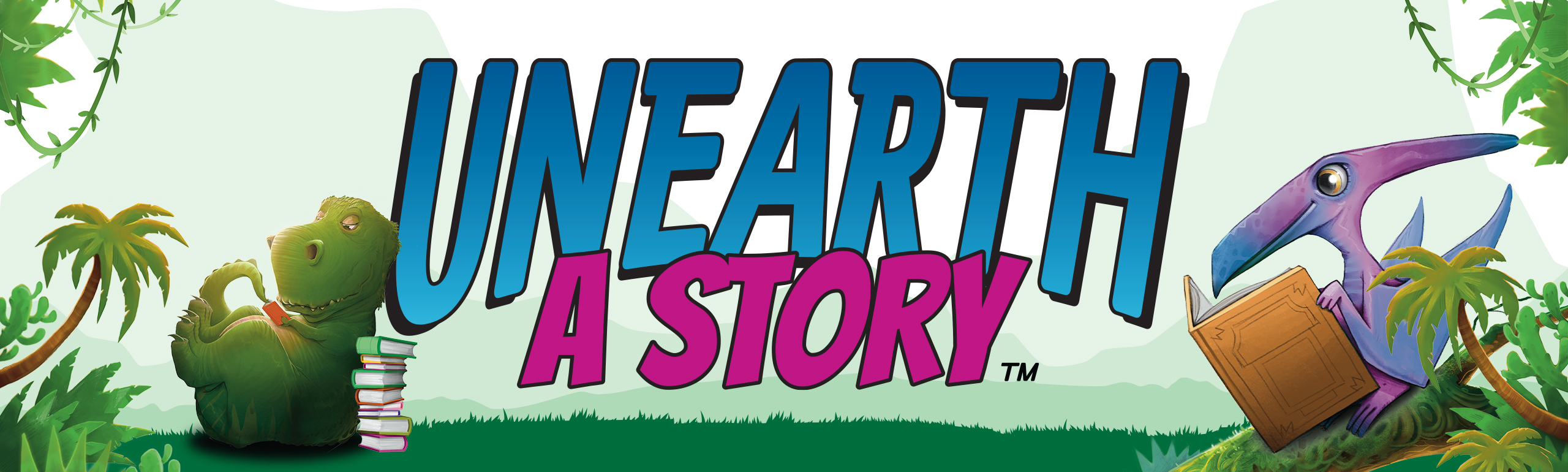 Unearth a Story logo, surrounded by palm trees and other greenery with two dinosaurs reading books